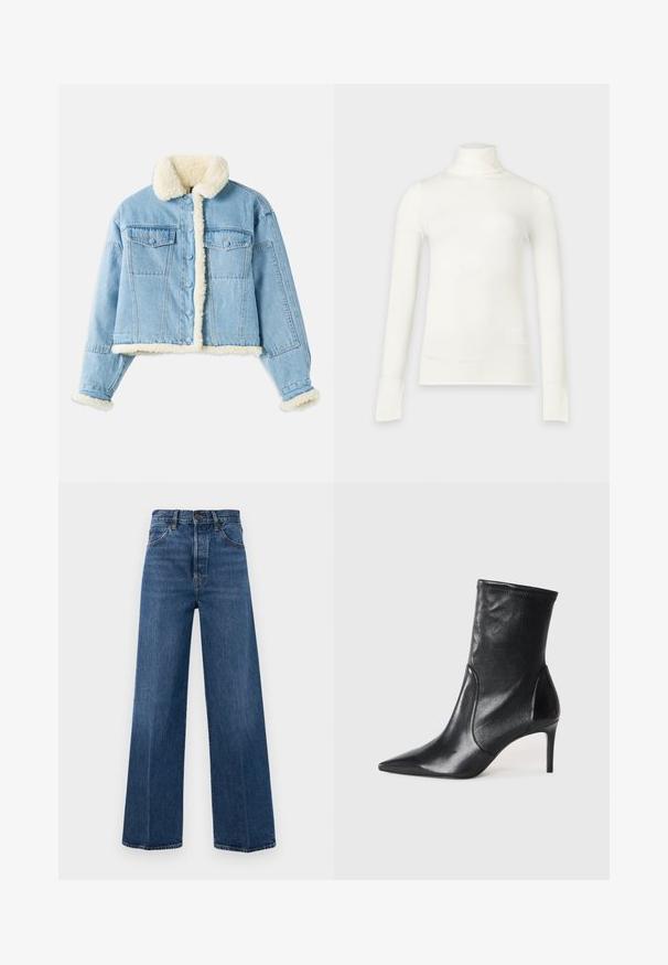 Lichtblauwe denimjack met witte sherpa voering op de kraag, mouwen, voorkant en onderrand, voorzien van knoopsluiting en borstzakken met klep.; Wit coltrui-shirt met lange mouwen en een slanke pasvorm, weergegeven tegen een lichtgrijze achtergrond.; Wijd-uitlopende blauwe jeans van denim met een hoge taille, voorzakken en contrasterende stiksels. De stof heeft een zachte textuur.; Zwarte enkelboots van soepel leer, met een spitse neus, een aangesloten schacht en een slanke hoge hak. Minimalistisch ontwerp zonder zichtbare hardware.