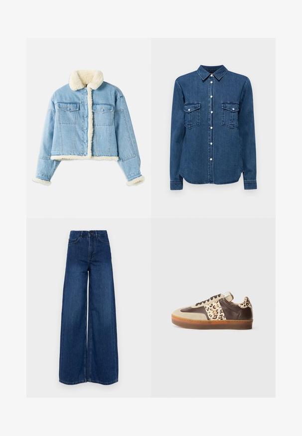 Lichtblauwe denimjack met witte sherpa voering op de kraag, mouwen, voorkant en onderrand, voorzien van knoopsluiting en borstzakken met klep.; Donkerblauwe jeanshemd, met een kraag, knoopsluiting aan de voorkant en twee borstzakken met kleppen. Lange mouwen met knoopmanchetten.; Vanessa Bruno BILBAO - Wide leg - royal; Leren sneakers met een tan en bruine kleurstelling, voorzien van een luipaardprintaccent aan de zijkant en een gestructureerde rubberen zool.