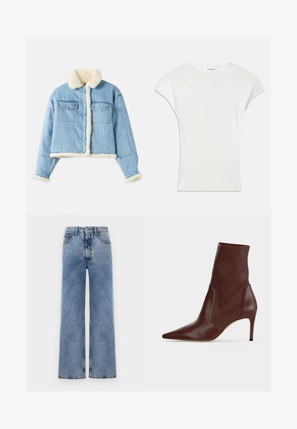 Lichtblauwe denimjack met witte sherpa voering op de kraag, mouwen, voorkant en onderrand, voorzien van knoopsluiting en borstzakken met klep.; Witte shirt met korte mouwen, gemaakt van zachte, geribbelde stof. Crew halslijn; losse pasvorm met lichte kapmouwen. Merkenlabel zichtbaar bij de halslijn.; Brede blauwe denim jeans met een hoge taille, vijf zakken en zichtbare stiksels. De stof heeft een gestructureerde uitstraling.; Donkerbruine leren enkellaars met spitse neus en smalle hoge hak tegen een effen lichte achtergrond.