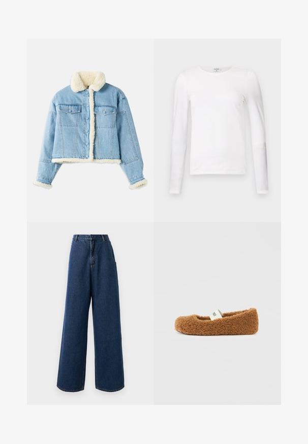 Lichtblauwe denimjack met witte sherpa voering op de kraag, mouwen, voorkant en onderrand, voorzien van knoopsluiting en borstzakken met klep.; Witte lange mouwen T-shirt van zacht katoen, met een ronde hals en een slank fit ontwerp met schone naden en zonder zichtbare patronen.; Hoge taille wijde jeans in donkerblauwe denim met een sluiting aan de voorkant met knoop en rits, riemlussen en zijzakken.; Bruine pluizige pantoffel met een zachte zool en een witte elastische band over de bovenkant, op een effen witte achtergrond.