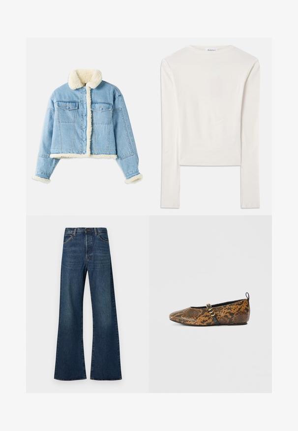 Lyseblå denimjakke med hvid sherpa-foring på krave, ærmer, front og kant, med knaplukning og brystlommer med klap.; Hvid langærmet top lavet af bomuld, med en simpel rund hals og en slim fit. Stof er glat med en let stræk.; Mørkeblå jeans i høj talje med vidde i benene, frontknapper og lynlåslukning samt forlommer.; Balletsko i faux slangeskindsmønster med brune og sorte nuancer. Har en sort rem og guldfarvet hardware-detalje. Glat tekstur.