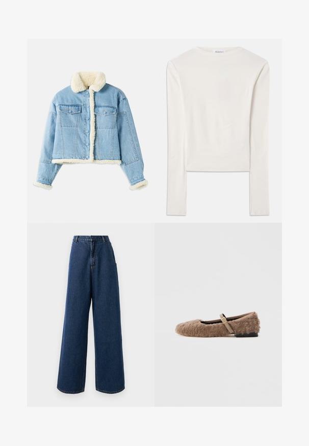 Lyseblå denimjakke med hvid sherpa-foring på krave, ærmer, front og kant, med knaplukning og brystlommer med klap.; Hvid langærmet top lavet af bomuld, med en simpel rund hals og en slim fit. Stof er glat med en let stræk.; Højtaljede brede jeans i mørkeblå denim med frontknap og lynlås, bæltestropper og sidelommer.; Brun, fuzzy flad sko med en Mary Jane rem og detalje med guldspænde. Blød tekstur, firkantet tå og lav blokhælfod. Glat indvendig foring.