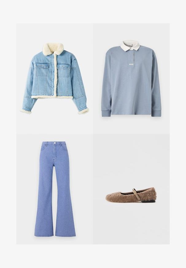 Lichtblauwe denimjack met witte sherpa voering op de kraag, mouwen, voorkant en onderrand, voorzien van knoopsluiting en borstzakken met klep.; Lichtblauw poloshirt met lange mouwen en een contrasterende witte kraag, voorzien van een subtiele knoopsluiting aan de voorkant en een klein label bij de halslijn.; Blauwe brede broek met hoge taille en witte verticale krijtstrepen, met sluiting aan de voorkant met knopen en voorzakken, op een lichte achtergrond.; Bruine, fuzzy platte schoen met een Mary Jane-band en een gouden gespdetails. Zacht textuur, vierkante neus en een lage blokhak. Zachte binnenvoering.