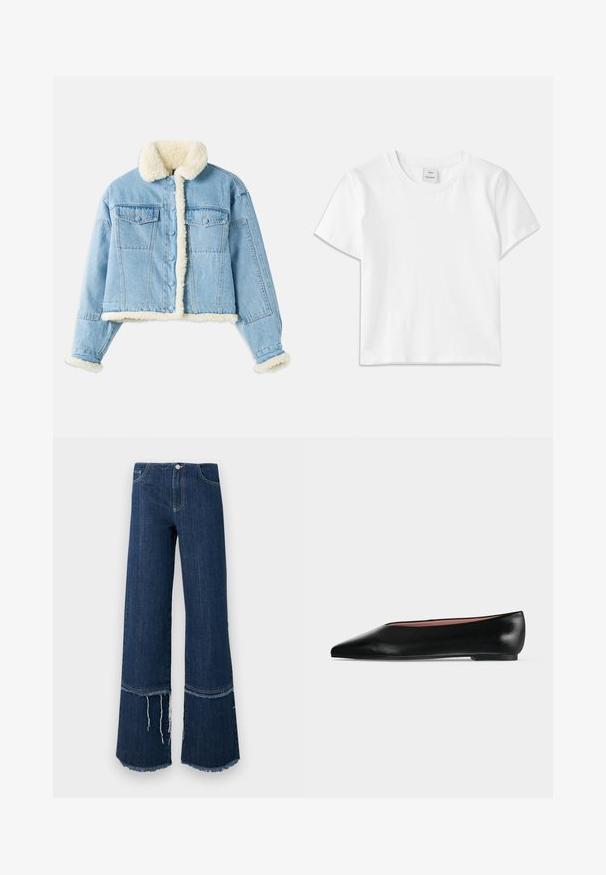 Lichtblauwe denimjack met witte sherpa voering op de kraag, mouwen, voorkant en onderrand, voorzien van knoopsluiting en borstzakken met klep.; Witte katoenen t-shirt met een ronde hals, korte mouwen en een rechte zoom. Label met "Won Hundred" aan de voorkant van de halslijn.; Donkerblauwe denim jeans met een wijde pijp, een rafelige horizontale naad en losse draden boven de zoom, voorzakken en een knoopsluiting.; Zwarte leren damesschoen met platte zool, puntige neus en lage hak, zijwaarts afgebeeld tegen een effen lichtgrijze achtergrond.