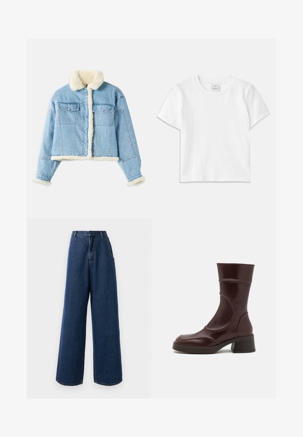 Lichtblauwe denimjack met witte sherpa voering op de kraag, mouwen, voorkant en onderrand, voorzien van knoopsluiting en borstzakken met klep.; Witte katoenen t-shirt met een ronde hals, korte mouwen en een rechte zoom. Label met "Won Hundred" aan de voorkant van de halslijn.; Hoge taille wijde jeans in donkerblauwe denim met een sluiting aan de voorkant met knoop en rits, riemlussen en zijzakken.; MIISTA MALENE - Lage laarzen - brown