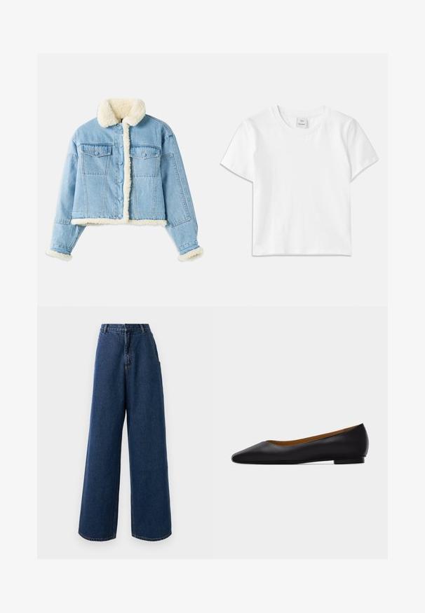 Lyseblå denimjakke med hvid sherpa-foring på krave, ærmer, front og kant, med knaplukning og brystlommer med klap.; Hvid bomulds-t-shirt med rund hals, korte ærmer og lige kant. Mærke med teksten "Won Hundred" placeret i midten af halsudskæringen.; Højtaljede brede jeans i mørkeblå denim med frontknap og lynlås, bæltestropper og sidelommer.; Sort læder flad sko med spids tå, lav hæl og glat finish, vist fra siden på en lysegrå baggrund.