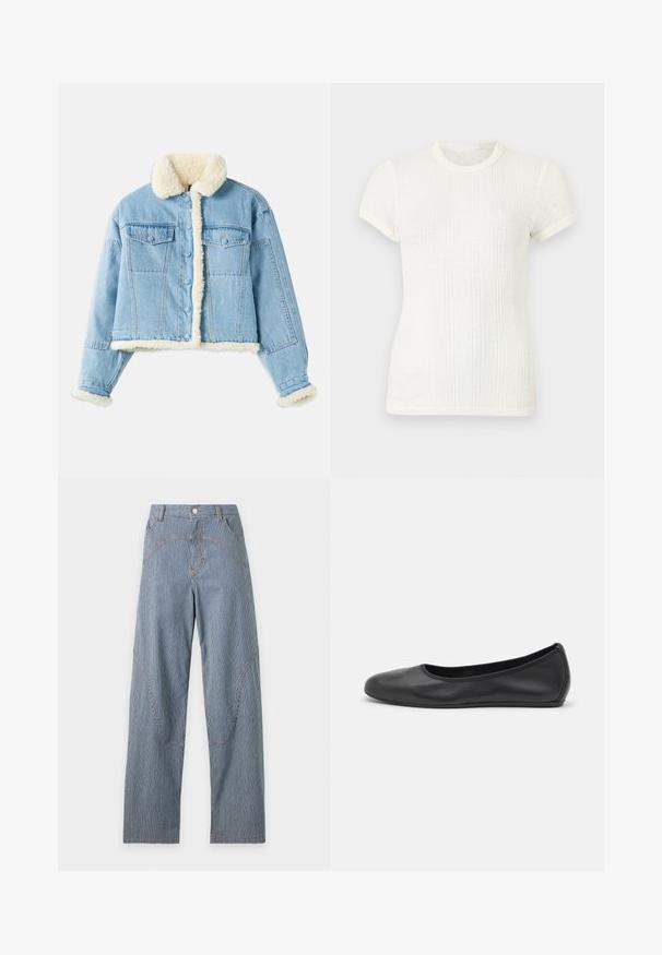 Lyseblå denimjakke med hvid sherpa-foring på krave, ærmer, front og kant, med knaplukning og brystlommer med klap.; Hvid ribstrikket t-shirt med korte ærmer, rund halsudskæring og let puffede ærmer.; Blå og hvide bukser med højtaljet snit og brede ben, foran lommer, bæltestropper, knaplukning og buede syninger.; Sort læderballetsko med rund tå, glat tekstur, minimal syning og et fleksibelt såldesign.