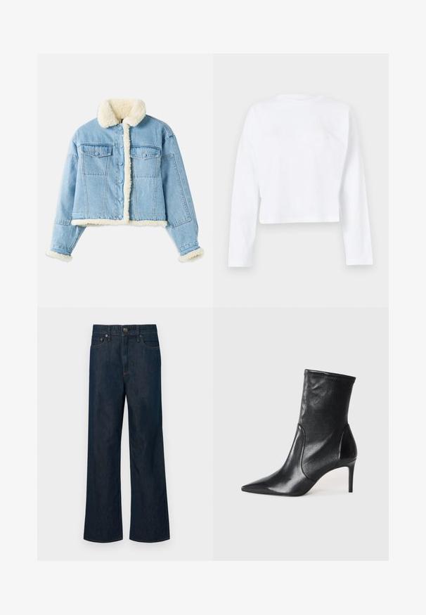 Lichtblauwe denimjack met witte sherpa voering op de kraag, mouwen, voorkant en onderrand, voorzien van knoopsluiting en borstzakken met klep.; CLOSED CREWNECK LONGSLEEVE - Longsleeve - white; Donkerblauwe denim wijde broek met een knoopsluiting, vijf zakken en contrasterende oranje stiksels. Gladde textuur, klassiek ontwerp.; Zwarte enkelboots van soepel leer, met een spitse neus, een aangesloten schacht en een slanke hoge hak. Minimalistisch ontwerp zonder zichtbare hardware.