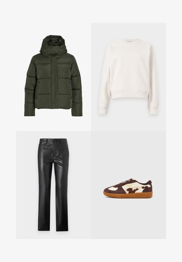 Puffet, olivengrøn jakke med høj krave og hætte. Har vandret syninger, sidelommer og lynlås lukning foran.; Off-white langærmet crewneck-sweatshirt med ribstrikkede manchetter og kant, vist mod en ensfarvet baggrund.; Sorte læderbukser med et lige ben-design, der har frontlommer, knaplukning og en glat, blank tekstur.; Brun og cremefarvet Puma Palermo-sneaker med gummisål og dyreprintdetalje på siden, vist i profil på neutral baggrund.
