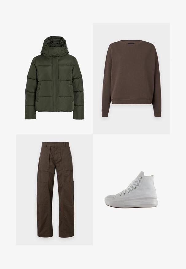 Puffet, olivengrøn jakke med høj krave og hætte. Har vandret syninger, sidelommer og lynlås lukning foran.; Brun sweatshirt med rund halsudskæring, lange ærmer og ribbede manchetter. Fremstillet af blødt stof med en glat tekstur og en afslappet pasform.; Brune cargo bukser lavet af holdbart stof med flere lommer, en afslappet pasform og fremtrædende syninger for øget holdbarhed.; Hvid højt canvas sneaksko med hvide snørebånd, metaløjer, tyk gummisål og tekstureret tåhætte, vendt mod venstre på en hvid baggrund.