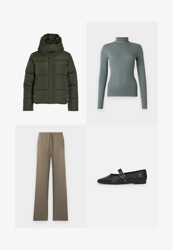 Puffet, olivengrøn jakke med høj krave og hætte. Har vandret syninger, sidelommer og lynlås lukning foran.; Langærmet turtleneck top i blødt, tekstureret grønt ribbet stof. Tætsiddende design med høj krave og sømløs konstruktion hele vejen igennem.; Oliven grønne, brede bukser lavet af blødt stof, med en elastisk talje med snøre og uden synlige lommer.; Sorte læder flade sko med rund tå, et enkelt justerbart spænde og en glat, blank overflade. Minimalistisk design med en lav hæl.