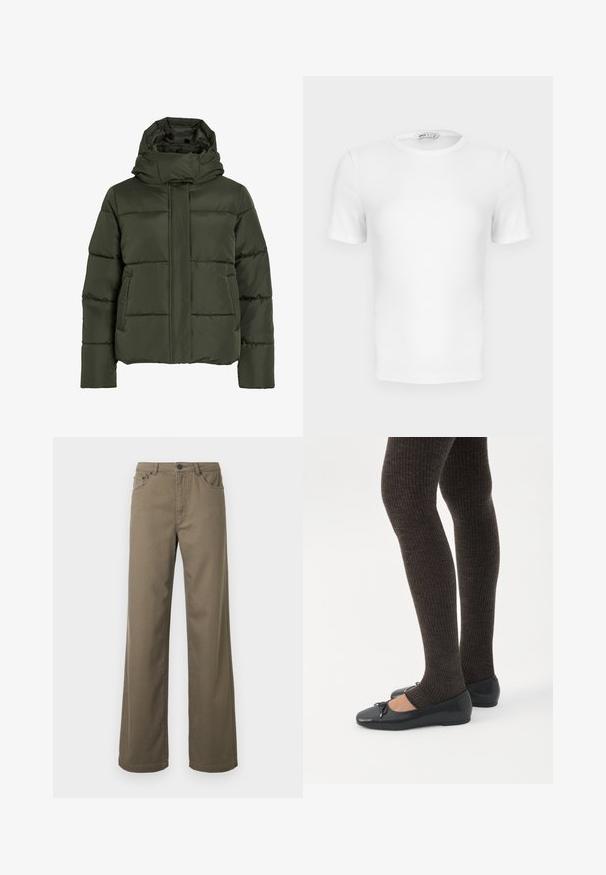 Chaqueta acolchada de color verde oliva con cuello alto y capucha. Presenta costuras horizontales, bolsillos laterales y un cierre frontal con cremallera.; Camiseta blanca de manga corta con cuello redondo acanalado, corte ajustado y una pequeña etiqueta de la marca en el interior del cuello.; Pantalones de pierna ancha en algodón verde oliva, con cierre de botones, trabillas para cinturón y diseño de cinco bolsillos con una textura suave y duradera.; Piernas con leggings oscuros acanalados combinados con bailarinas negras que presentan pequeños detalles de lazo sobre un fondo blanco.