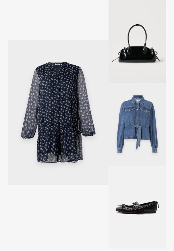 Blå denimjakke med tilpasset talje, lange puffede ærmer, to brystlommer og frontlukning med knapper. Har en snøre i taljen.; ONLY ONLEMILIE LIFE SHORT DRESS - Skjortekjole - night sky; Sort flad balletsko med dobbelt spænde, sølvøjer og en lille sløjfe nær den runde tå på en hvid baggrund.; Lille sort blank håndtaske med to lange håndtag og snøre-detaljer i siden på en ensfarvet lys baggrund.