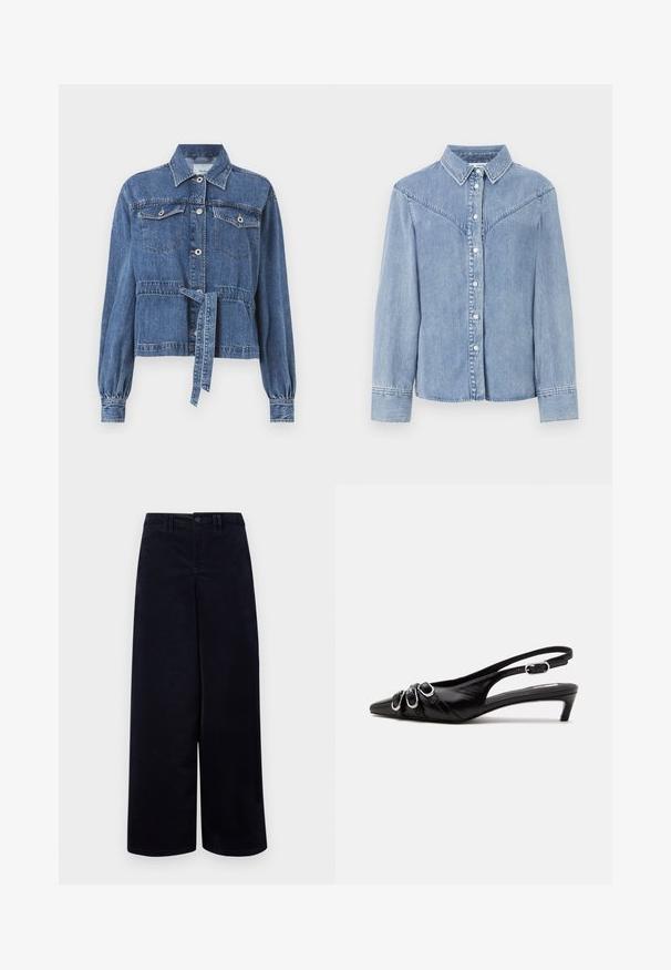Blauwe denimjas met een aansluitende taille, lange poufsleeves, twee borstzakken en een knopenclosure aan de voorkant. Heeft een strik in de taille.; Lichtblauw denim overhemd met lange mouwen, knoopsluiting aan de voorkant, spitse kraag en western-stijl yoke-details op de schouders.; Navy wijde beenbroek van gestructureerde stof. Voorzien van een sluiting met knoop aan de voorkant, riemlussen en zakken aan beide zijden.; Zwarte leren slingback schoen met puntige neus, drie zilveren gespen aan de voorkant en lage kittenhak op witte achtergrond.