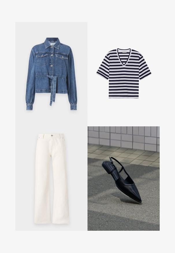 Blå denimjakke med tilpasset talje, lange puffede ærmer, to brystlommer og frontlukning med knapper. Har en snøre i taljen.; Stribet T-shirt i navy blå og hvid, med V-udskæring, korte ærmer og blødt bommateriale.; Hvide vide jeans lavet af denim, med en frontknaplukning, fem lommer og en glat overflade uden synlige mønstre.; Sort slingback-flad sko med spids tå, svævende over en asfaltflade ved siden af en flisebelagt fortov.