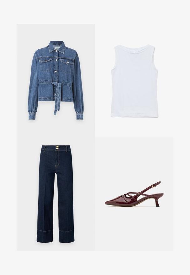 Blaue Jeansjacke mit tailliertem Schnitt, langen puffärmeligen Ärmeln, zwei Brusttaschen und einer Knopfleiste vorne. Mit einem Knoten in der Taille.; Ärmelloses weißes Baumwolltop mit weitem Rundhalsausschnitt und geradem Saum, flach auf weißem Hintergrund gezeigt.; Dunkelblaue, hochschneiderische, weit geschnittene Jeans mit doppelten goldenen Knöpfen und sichtbaren orangen Nähten auf hellem Hintergrund.; Burgunderfarbenes patentiertes Leder Slingback-Schuhwerk mit spitzer Zehenform, kleinem Absatz, dekorativen Riemen und glänzender Oberfläche.