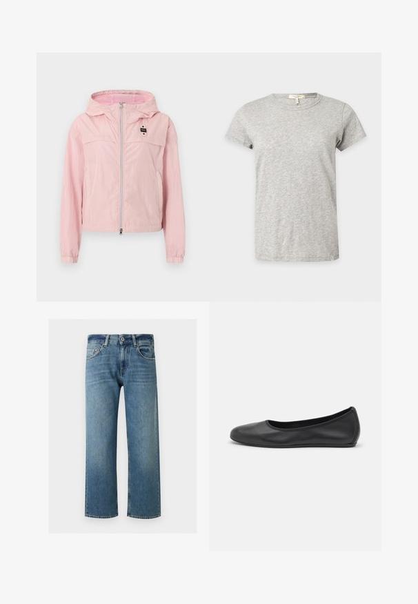 Veste coupe-vent à capuche rose clair avec fermeture éclair à l'avant, poignets élastiques, doublure en mesh dans la capuche, et une petite étiquette noire sur la poitrine.; T-shirt gris clair à manches courtes et col rond avec un motif chiné subtil affiché sur un fond uni.; Jean droit bleu en denim avec fermeture à boutons, poches avant et passants de ceinture sur fond blanc.; Ballerines en cuir noir avec un bout rond, texture lisse, détails de couture minimalistes et design de semelle flexible.