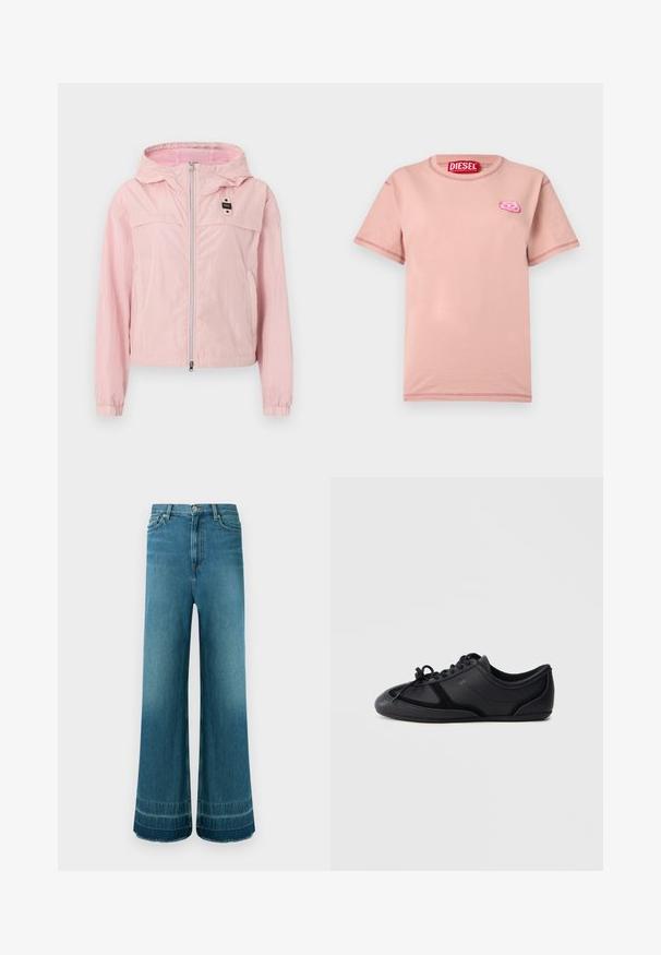 Veste coupe-vent à capuche rose clair avec fermeture éclair à l'avant, poignets élastiques, doublure en mesh dans la capuche, et une petite étiquette noire sur la poitrine.; T-shirt rose clair à manches courtes avec un col rond, petit logo rose brodé sur le côté gauche de la poitrine, et étiquette rouge de la marque Diesel à l'intérieur du col.; Jean denim bleu taille haute à jambes larges, cinq poches, fermeture à boutons et légère décoloration près des ourlets.; Baskets basses noires à lacets avec une finition lisse et brillante, coutures minimales et semelle plate sur un fond uni.