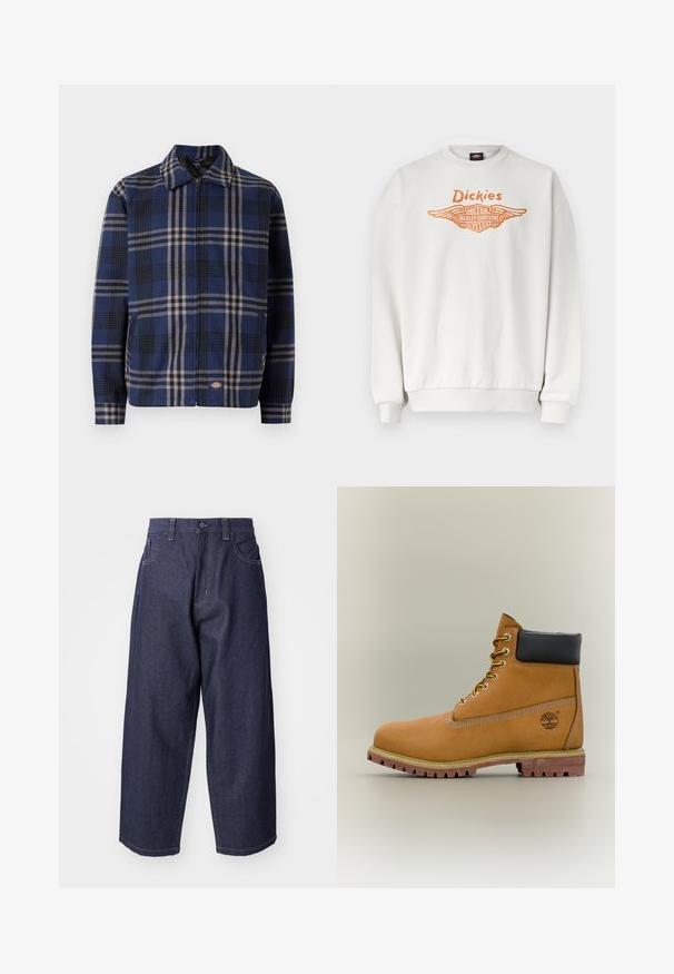 Karierte Jacke in Navy, Schwarz und Beige. Mit Kragen, Frontreißverschluss und elastischen Bündchen sowie einem Logo auf der unteren Seite.; Weißes Sweatshirt mit langen Ärmeln, gerippten Bündchen und Saum, mit orangefarbenem "Dickies"-Schriftzug und dem geflügelten Harley-Davidson Motor Cycles Logo auf der Vorderseite.; Dunkelblaue Denim-Jeans mit einem lockeren, weiten Schnitt. Zu den Merkmalen gehören ein Knopfverschluss, Fronttaschen und sichtbare Nähte.; Brauner Leder-Stiefelette mit schwarzem Kragen, gelben Schnürsenkeln und hellbrauner Sohle. Verfügt über ein Logo und weiße Ziernähe. Robuste Profilsohle.