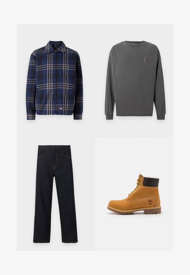 Rutet jakke i navy, sort og beige. Har krave, frontlynlås og elastiske manchetter med et logo på den nederste del.; Langærmet skjorte i mørkegrå bomuld. Har rund hals, elastiske manchetter og en lille firkantet logo-patch på venstre bryst.; Mørkeblå jeans med lige ben, lukkes foran med knapper og lynlås, med lommer og orange kontrastsyninger.; Brune læder ankelstøvle med metaløjer, hvid pelsforing, sort polstret krave, robust sål og præget logo på siden.