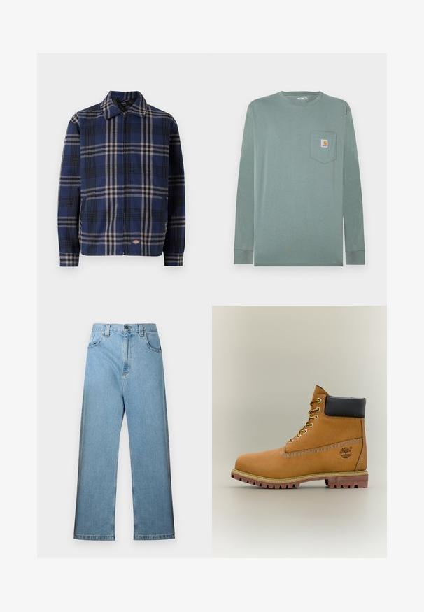 Chaqueta a cuadros en azul marino, negro y beige. Presenta un cuello con solapa, cremallera frontal y puños elásticos con un logo en el lado inferior.; Camisa de manga larga en algodón verde claro con cuello redondo, que presenta un bolsillo en el pecho izquierdo y un parche de logo en naranja y blanco.; Vaqueros de mezclilla azul claro con cintura alta, diseño de pierna ancha, trabillas para cinturón y cinco bolsillos. La tela tiene una textura suave con un desgaste mínimo.; Bota de tobillo de cuero marrón con cuello negro, cordones amarillos y suela beige. Presenta un logotipo y detalles de costura blanca. Suela exterior con tracción robusta.