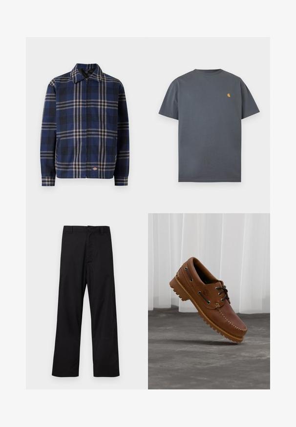 Chaqueta a cuadros en azul marino, negro y beige. Presenta un cuello con solapa, cremallera frontal y puños elásticos con un logo en el lado inferior.; Camiseta de algodón oscura de manga corta con cuello redondo y pequeño logo amarillo en la parte superior izquierda del pecho sobre fondo blanco.; Pantalones negros de pierna recta con cierre de botón y cremallera, trabillas para cinturón, mostrados extendidos sobre un fondo claro.; Zapato náutico de cuero marrón con cordones negros, costuras beige y una suela resistente, suspendido sobre un suelo de hormigón gris.