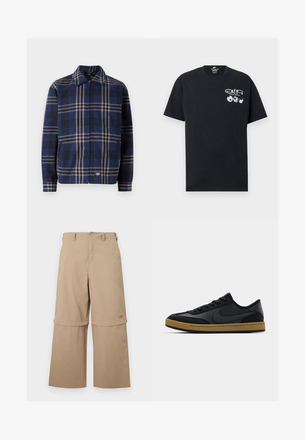 Rutet jakke i navy, sort og beige. Har krave, frontlynlås og elastiske manchetter med et logo på den nederste del.; Sort Nike T-shirt med korte ærmer med hvid tekst "Nature in Motion", tre ikoner af jordkloden og Nike Swoosh-grafik på venstre bryst.; Beige cargobukser med aftagelige ben, bæltestropper, sidelommer og knaplukning, vist på hvid baggrund.; Sorte lædersneakers med lavt design, snørelukning, gummisål og gumfarvede detaljer. Har et sidelogot og strukturerede materialer.