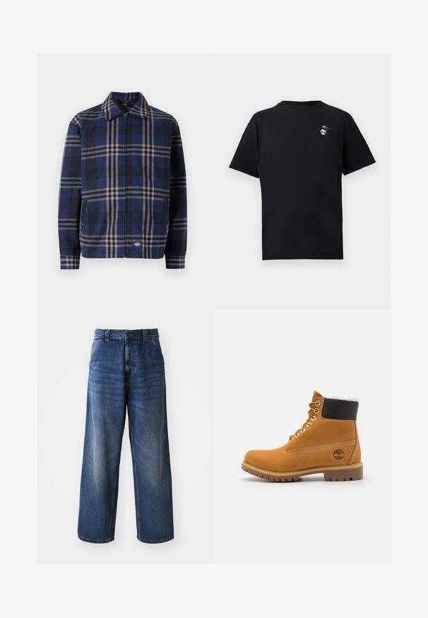 Chaqueta a cuadros en azul marino, negro y beige. Presenta un cuello con solapa, cremallera frontal y puños elásticos con un logo en el lado inferior.; Camiseta negra de manga corta con cuello redondo, con un pequeño logo de árbol blanco y un detalle de mariposa amarilla en la parte superior izquierda del pecho.; Jeans de mezclilla azul de cintura alta con un diseño de pierna ancha, que presentan un ligero desvanecimiento, bolsillos delanteros y un cierre de botón en la cintura.; Botín de cuero marrón con ojales de metal, forro de piel sintética blanca, cuello acolchado negro, suela resistente y logotipo en relieve en el costado.