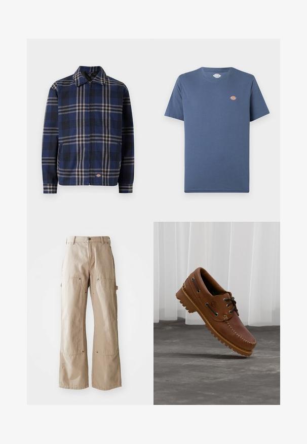 Rutet jakke i navy, sort og beige. Har krave, frontlynlås og elastiske manchetter med et logo på den nederste del.; Enkelt blå T-shirt med korte ærmer og rund halsudskæring med lille rundt multifarvet logo på venstre brystområde.; Beige vide bukser lavet af slidstærkt bomuldsstof. Har for- og sidelommer, synlig syning og metaldetaljer ved lommerne.; Brun læder bådsko med sorte snørebånd, beige syninger og en robust sål, hængende over en grå betongulv.