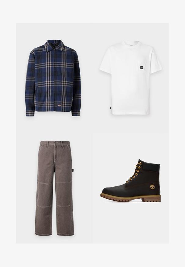 Rutet jakke i navy, sort og beige. Har krave, frontlynlås og elastiske manchetter med et logo på den nederste del.; Hvid bomulds T-shirt med rund halsudskæring, korte ærmer og en brystlomme med en sort logopatch. Glat tekstur, løs pasform.; Bredde ben bukser i en falmet brun farve, lavet af holdbart stof med kontrasterende syninger. Har paneldetaljer og en sidelomme.; Sorte læder ankelstøvle med gyldne øjer, brune detaljer og gummisål. Har en polstret krave og præget logo på siden.