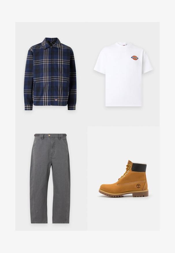 Chaqueta a cuadros en azul marino, negro y beige. Presenta un cuello con solapa, cremallera frontal y puños elásticos con un logo en el lado inferior.; Camiseta blanca de manga corta con pequeño logo colorido de Dickies en el pecho izquierdo y cuello redondo.; Pantalones grises de pierna recta con bolsillos delanteros, trabillas para cinturón y cierre con botón de latón, mostrados sobre un fondo blanco.; Botín de cuero marrón con ojales de metal, forro de piel sintética blanca, cuello acolchado negro, suela resistente y logotipo en relieve en el costado.