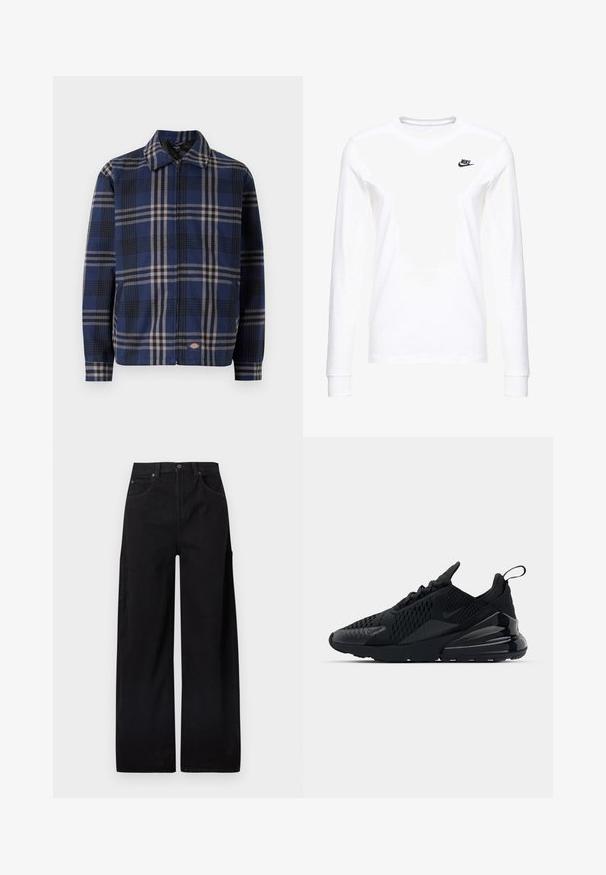 Rutet jakke i navy, sort og beige. Har krave, frontlynlås og elastiske manchetter med et logo på den nederste del.; Hvid langærmet T-shirt lavet af bomuld, med et lille sort Nike-logo på venstre bryst og en rund halsudskæring. Glat tekstur.; Sorte bukser med brede ben lavet af bomuldsdenim, med høj talje, to forlommer foran og en sidelomme med cargo-stil for ekstra funktionalitet.; Sorte Nike Air Max 270 sneakers med en struktureret overdel, mesh-paneler og en blank hæl med en fremtrædende luftdæmpningsenhed.