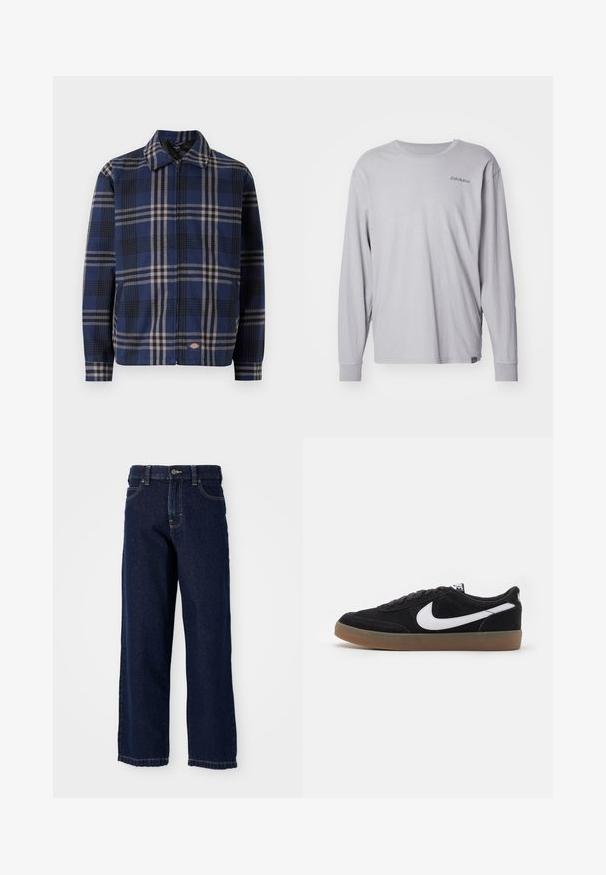 Chaqueta a cuadros en azul marino, negro y beige. Presenta un cuello con solapa, cremallera frontal y puños elásticos con un logo en el lado inferior.; Dickies PLENTYWOOD TEE - Camiseta de manga larga - ultimate gray; Jeans de pierna ancha de color azul oscuro, hechos de denim, con corte recto, diseño de cinco bolsillos y costuras de acabado a lo largo del dobladillo.; Zapatillas de skate de ante negro con el logotipo de Nike en blanco, puntera redonda y suela de goma. Presentan un diseño con cordones planos y un collar acolchado.