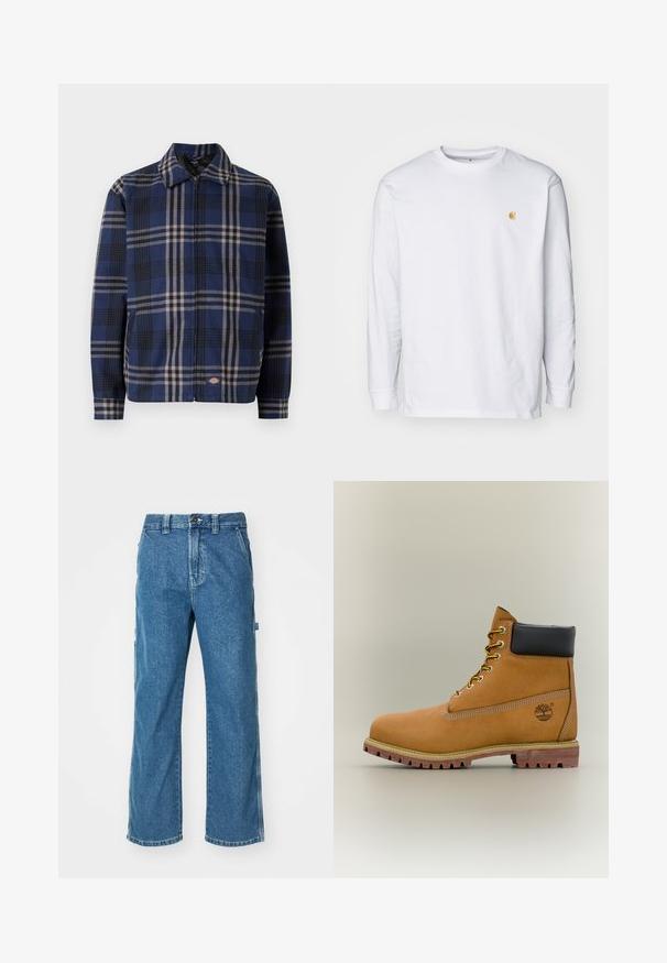 Chaqueta a cuadros en azul marino, negro y beige. Presenta un cuello con solapa, cremallera frontal y puños elásticos con un logo en el lado inferior.; Camiseta de manga larga blanca de algodón. Cuenta con un pequeño logo dorado en el pecho y un cuello redondo. Diseño simple y corte estándar.; Pantalones cargo de mezclilla azul con un corte relajado, que cuentan con bolsillos laterales, cremallera en la bragueta y costuras de contraste en las costuras.; Bota de tobillo de cuero marrón con cuello negro, cordones amarillos y suela beige. Presenta un logotipo y detalles de costura blanca. Suela exterior con tracción robusta.