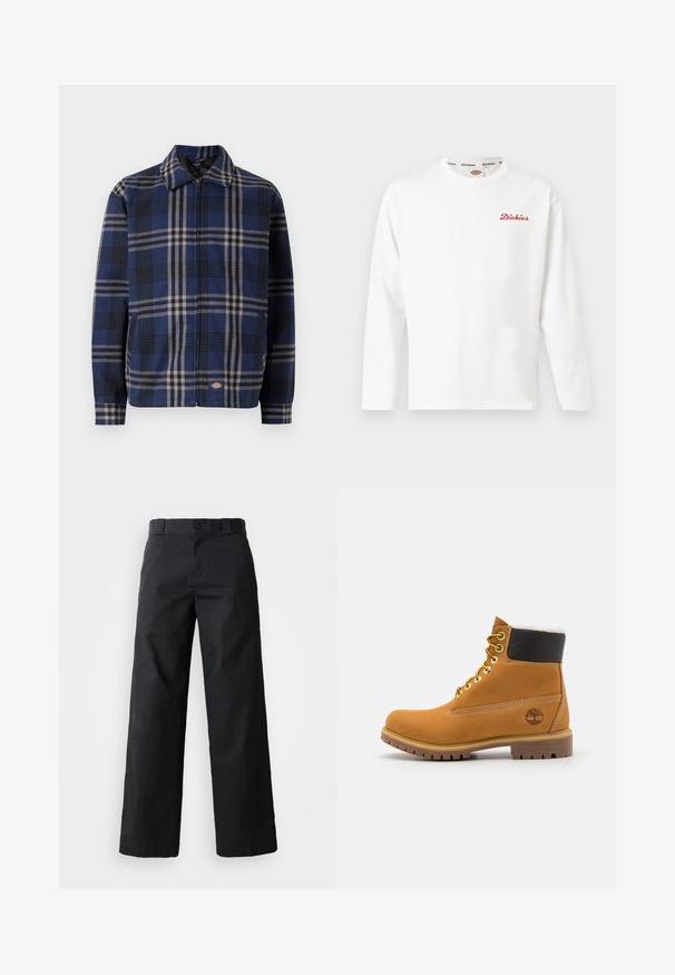 Rutet jakke i navy, sort og beige. Har krave, frontlynlås og elastiske manchetter med et logo på den nederste del.; Hvid langærmet crewneck-trøje med lille rødt "Dickies"-logo på venstre bryst og mærket kantebånd på kraven.; Sorte brede bukser lavet af bomuld. Har en knaplukning, bæltestropper og sidelommer. Glat tekstur med en skræddersyet pasform.; Brune læder ankelstøvle med metaløjer, hvid pelsforing, sort polstret krave, robust sål og præget logo på siden.