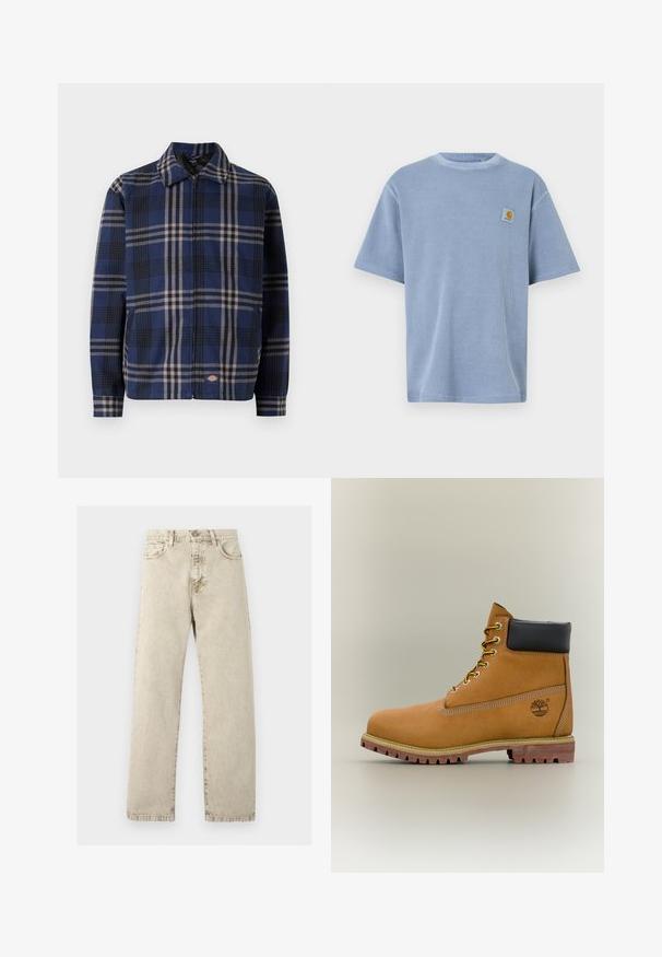 Rutet jakke i navy, sort og beige. Har krave, frontlynlås og elastiske manchetter med et logo på den nederste del.; Lyseblå T-shirt med korte ærmer, tekstureret ribstrikket mønster og broderet logo-patch på venstre bryst. Rund halsudskæring.; Beige højtaljede straight-leg denimjeans med fem lommer og synlige syninger på en lys baggrund.; Brun læderankelstøvle med sort krave, gule snørebånd og tanfarvet sål. Har logo og hvide syninger som detalje. Robust ydersål med greb.
