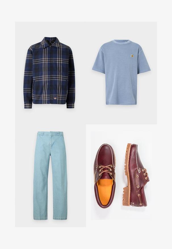 Geruite jas in marineblauw, zwart en beige. Beschikt over een kraag, een ritssluiting aan de voorkant en elastische manchetten met een logo aan de onderzijde.; Lichtblauw T-shirt met korte mouwen, een getextureerd geribbeld patroon en een geborduurd logo op de linkerborst. Ronde halslijn.; Lichtblauwe spijkerbroek met rechte pijpen, voorzien van een standaard tailleband en minimale stikseldetails. Gladde textuur en klassieke pasvorm.; Bordeaux leren schoenen met bruine rubberen zolen, ronde neus, witte stiksels en gouden veterogen. Het interieur heeft een gele voering.