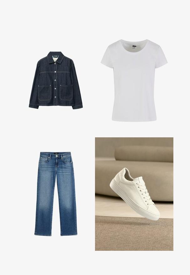 Veste en denim bleu foncé avec boutons-pression argentés sur le devant, deux poches plaquées à l'avant, et un col droit.; T-shirt blanc à manches courtes en coton. Il présente une encolure arrondie et une coupe cintrée. L'étiquette indique "URBAN CLASSICS".; Jean droit en denim bleu avec poches avant, passants pour ceinture et fermeture à bouton, présentant un léger délavage sur les cuisses et les genoux.; Baskets en cuir blanc au design classique, avec fermeture à lacets, semelle en caoutchouc plate et détails texturés. Esthétique épurée et minimaliste.
