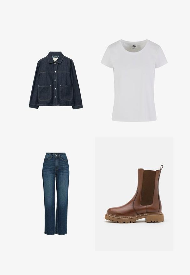 Veste en denim bleu foncé avec boutons-pression argentés sur le devant, deux poches plaquées à l'avant, et un col droit.; T-shirt blanc à manches courtes en coton. Il présente une encolure arrondie et une coupe cintrée. L'étiquette indique "URBAN CLASSICS".; Jean taille haute bleu foncé, design à jambes larges, en denim, avec poches avant et fermeture boutonnée avec zip.; Bottine en cuir marron avec des panneaux élastiques et une languette de tirage. Elle possède une semelle en caoutchouc épaisse et des détails de couture visibles le long des bords.