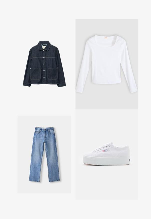Veste en denim bleu foncé avec boutons-pression argentés sur le devant, deux poches plaquées à l'avant, et un col droit.; T-shirt blanc à manches longues en tissu côtelé, avec un col carré et une coupe ajustée, orné d'une petite étiquette logo sur le côté.; Jean en denim bleu clair avec une coupe droite, comportant cinq poches, une fermeture à bouton sur le devant, et un léger délavage pour ajouter de la texture.; Baskets en toile blanches avec une épaisse semelle plateforme blanche, bout rond et œillets en métal pour les lacets. Logo de la marque affiché sur le côté.