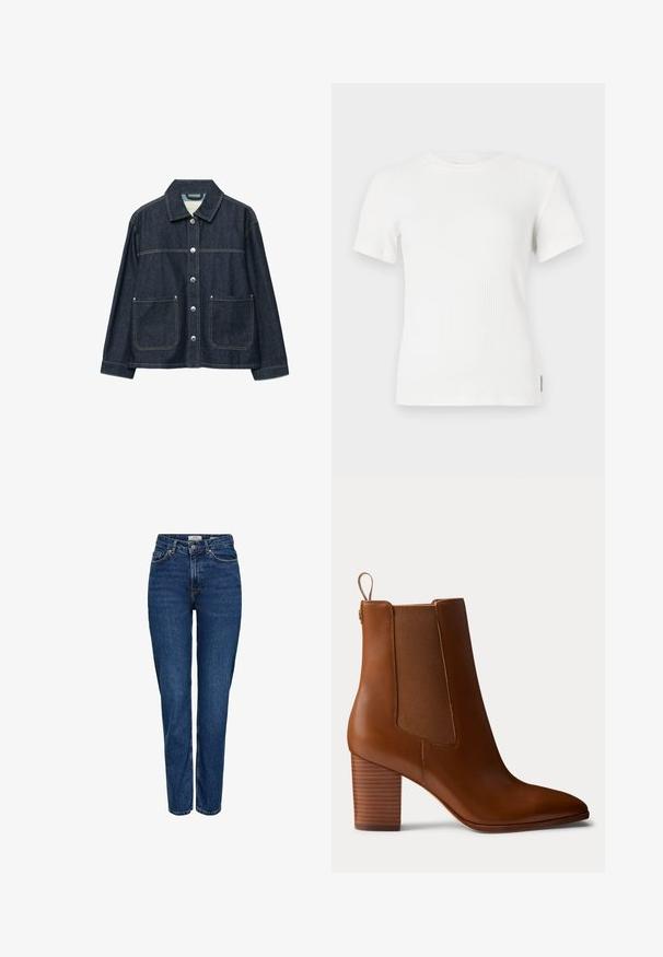 Veste en denim bleu foncé avec boutons-pression argentés sur le devant, deux poches plaquées à l'avant, et un col droit.; T-shirt à manches courtes côtelé blanc avec un col rond. Texture douce, design ajusté et détails de couture minimalistes.; Jean en denim bleu foncé avec une coupe droite, taille haute, cinq poches, coutures claires et une finition texturée subtile.; Bottine en cuir marron avec talon bloc, panneaux latéraux élastiques et languette à l'arrière, vue de profil sur un fond uni.