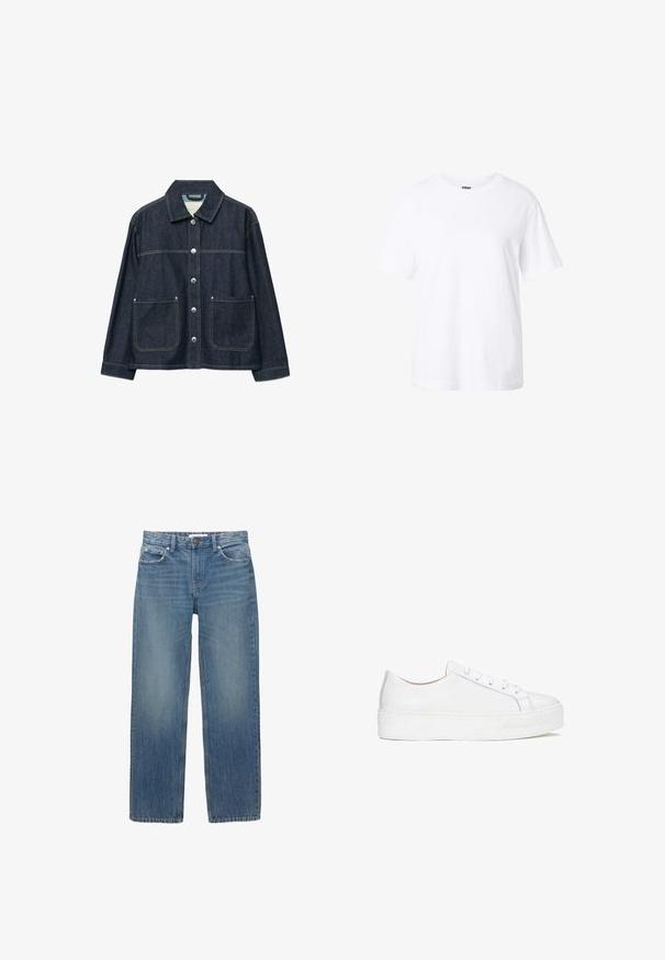 Veste en denim bleu foncé avec boutons-pression argentés sur le devant, deux poches plaquées à l'avant, et un col droit.; T-shirt blanc uni à manches courtes avec col rond, coupe décontractée et petite étiquette à l'intérieur du col.; Jeans en denim bleu clair à coupe droite, avec cinq poches et des éléments en métal de couleur cuivrée. Le tissu présente une légère décoloration et une texture douce.; Sneaker en cuir blanc avec une surface lisse, un bout rond et une semelle plate. Doté d'un système de fermeture à lacets et de détails de couture subtils.