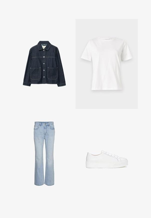 Veste en denim bleu foncé avec boutons-pression argentés sur le devant, deux poches plaquées à l'avant, et un col droit.; T-shirt en coton blanc à manches courtes, col rond et coupe décontractée. Texture lisse, sans motifs ni accents, design minimaliste.; Jean flare en denim bleu clair avec un design classique à cinq poches, taille haute et décoloration subtile. Comprend une fermeture à bouton et des passants de ceinture.; Sneaker en cuir blanc avec une surface lisse, un bout rond et une semelle plate. Doté d'un système de fermeture à lacets et de détails de couture subtils.