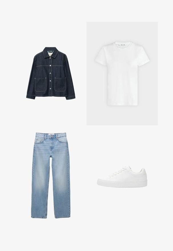 Veste en denim bleu foncé avec boutons-pression argentés sur le devant, deux poches plaquées à l'avant, et un col droit.; T-shirt blanc uni à manches courtes et col rond, posé à plat sur un fond gris clair, montrant le devant avec l'étiquette à l'intérieur du col.; Jean en denim bleu clair avec une coupe droite, style cinq poches et des détails de couture visibles. Le tissu a une texture douce et légèrement décolorée.; Sneaker blanc à lacets avec une tige en cuir lisse, bout rond et semelle en caoutchouc plate. Design minimaliste avec une palette de couleurs unie.