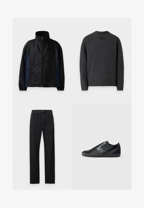 Zwarte en marineblauwe windbreaker jacket met hoge kraag, ritssluiting aan de voorkant, zijzakken, elastische manchetten en een gladde textuur.; Donkergrijze trui gemaakt van zachte gebreide stof, met een ronde halslijn en geribbelde boorden en zoom. Voorzien van een klein logodetail aan de achterkant.; Zwarte spijkerbroek van denim met een rechte snit, voorzakken en een rood label aan de linkervoorkant. De stof heeft een licht gestructureerde textuur.; Zwarte sneakers met een gestroomlijnd ontwerp, gemaakt van glad leer en suède accenten. Heeft hoekige panelen en een ronde neus. Rubberzool.