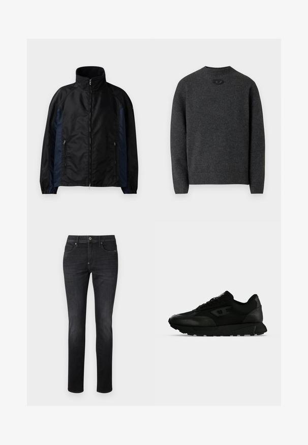 Schwarze und marineblaue Windbreaker-Jacke mit hohem Kragen, Reißverschluss vorne und seitlichen Taschen, elastischen Bündchen und einer glatten Textur.; Dunkelgrauer Pullover aus weichem Strickstoff mit Rundhalsausschnitt sowie gerippten Bündchen an Ärmeln und Saum. Mit kleinem Logodetail auf der Rückseite.; Dunkelblaue Jeans mit slim straight Fit, ausgestattet mit einem klassischen fünf Taschen Design, Knopfverschluss und dezenten Nähdetails.; Schwarzer Low-Top-Sneaker mit strukturiertem Leder und Stoffpaneelen, Schnürverschluss und dicker Gummisohle auf einfachem hellem Hintergrund.