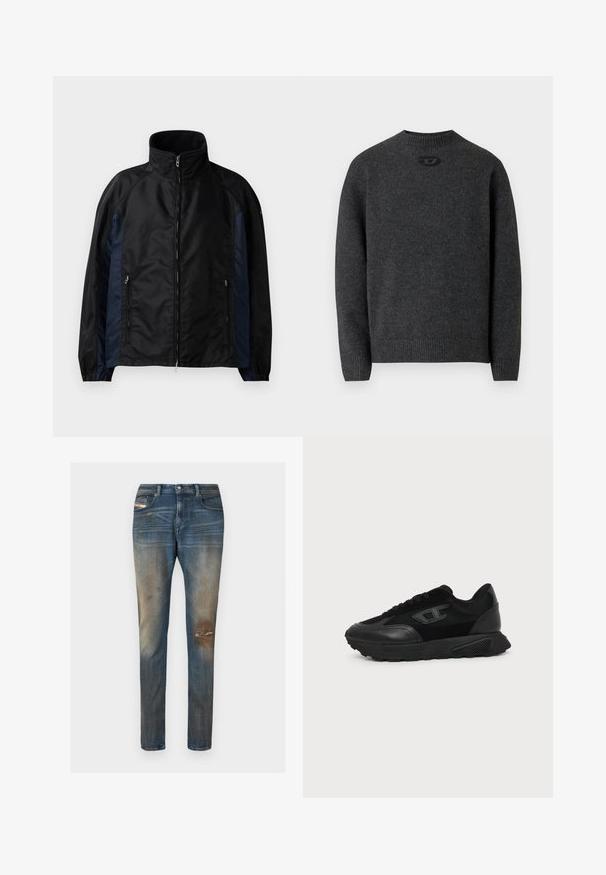 Veste coupe-vent noire et marine avec un col haut, une fermeture éclair sur le devant, des poches latérales, des poignets élastiques et une texture lisse.; Pull gris foncé en tissu tricoté doux, avec un col rond et des poignets et un ourlet côtelés. Comprend un petit détail de logo à l'arrière.; Jean en denim bleu à coupe slim, avec un léger délavage, des zones usées, et un design classique à cinq poches incluant une petite étiquette logo.; Baskets basses noires avec semelle texturée, dessus en mesh et cuir, fermeture à lacets devant, et petit logo embossé sur le panneau latéral.