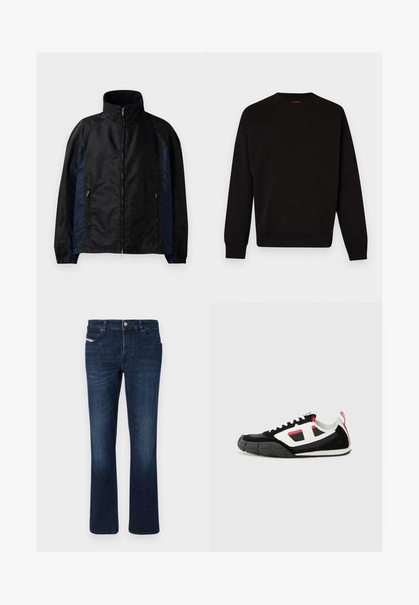 Schwarze und marineblaue Windbreaker-Jacke mit hohem Kragen, Reißverschluss vorne und seitlichen Taschen, elastischen Bündchen und einer glatten Textur.; Schwarzer Pullover aus weichem Stoff mit Rundhalsausschnitt, gerippten Bündchen und Saum sowie einem dezenten Logo auf der Brust.; Dunkelblaue Denim-Jeans mit geradem Schnitt. Verfügt über fünf Taschen, einen Metallknopfverschluss und dezente Nähte an der Gesäßtasche.; Diesel S PAGODHA LOW - Sneaker low - black