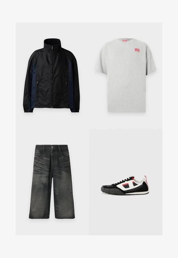 Schwarze und marineblaue Windbreaker-Jacke mit hohem Kragen, Reißverschluss vorne und seitlichen Taschen, elastischen Bündchen und einer glatten Textur.; Graues Baumwoll-T-Shirt mit rundem Ausschnitt und kurzen Ärmeln. Mit einem kleinen roten "DIESEL"-Logo auf der Brust. Glatte Textur.; Schwarze Denim-Shorts mit weitem Bein, vorne mit Knöpfen, Reißverschluss, Gürtelschlaufen und verblassten Designdetails.; Diesel S PAGODHA LOW - Sneaker low - black