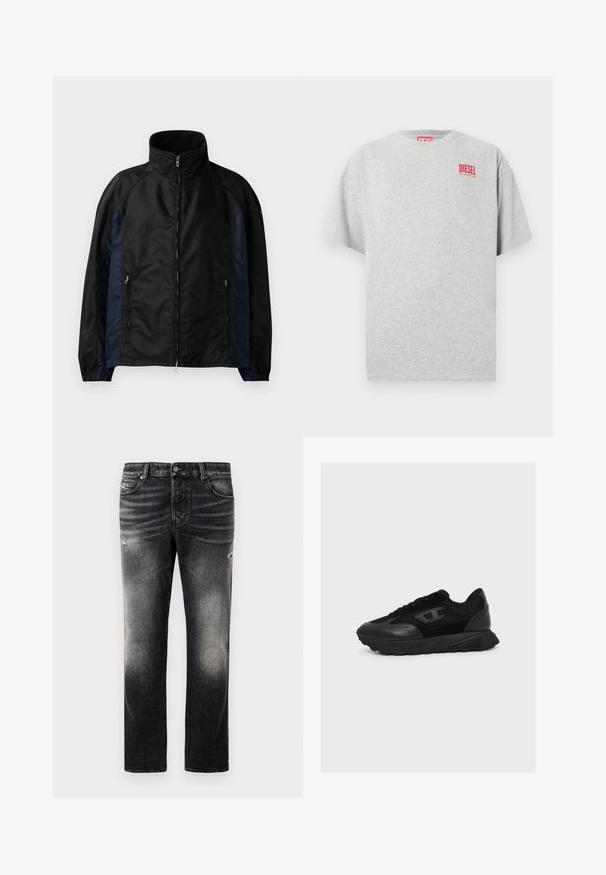 Schwarze und marineblaue Windbreaker-Jacke mit hohem Kragen, Reißverschluss vorne und seitlichen Taschen, elastischen Bündchen und einer glatten Textur.; Graues Baumwoll-T-Shirt mit rundem Ausschnitt und kurzen Ärmeln. Mit einem kleinen roten "DIESEL"-Logo auf der Brust. Glatte Textur.; Schwarze Jeans mit einem verblassten Finish und verwaschenen Akzenten, klassisches Fünf-Taschen-Design und Reißverschluss. Hergestellt aus Denim-Stoff.; Schwarzer Low-Top-Sneaker mit Obermaterial aus gemischtem Mesh und Leder, Schnürverschluss und strukturierter Sohle, im rechten Seitenprofil auf weißem Hintergrund gezeigt.